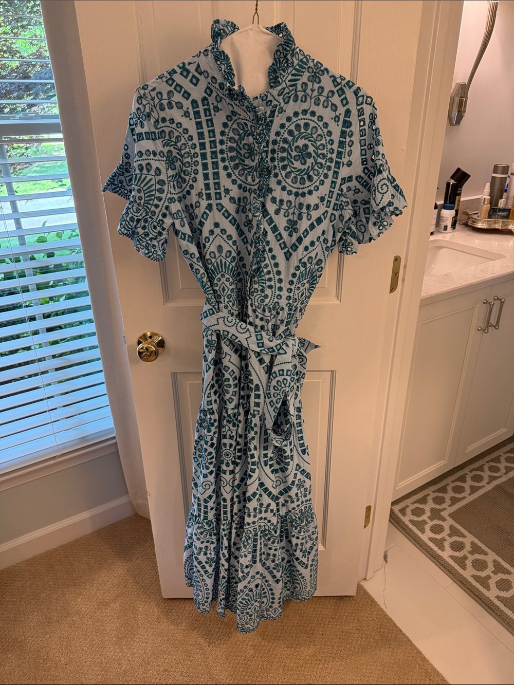 Blue Printed Midi Dress with Tie Waist and Ruffled Sleeves
